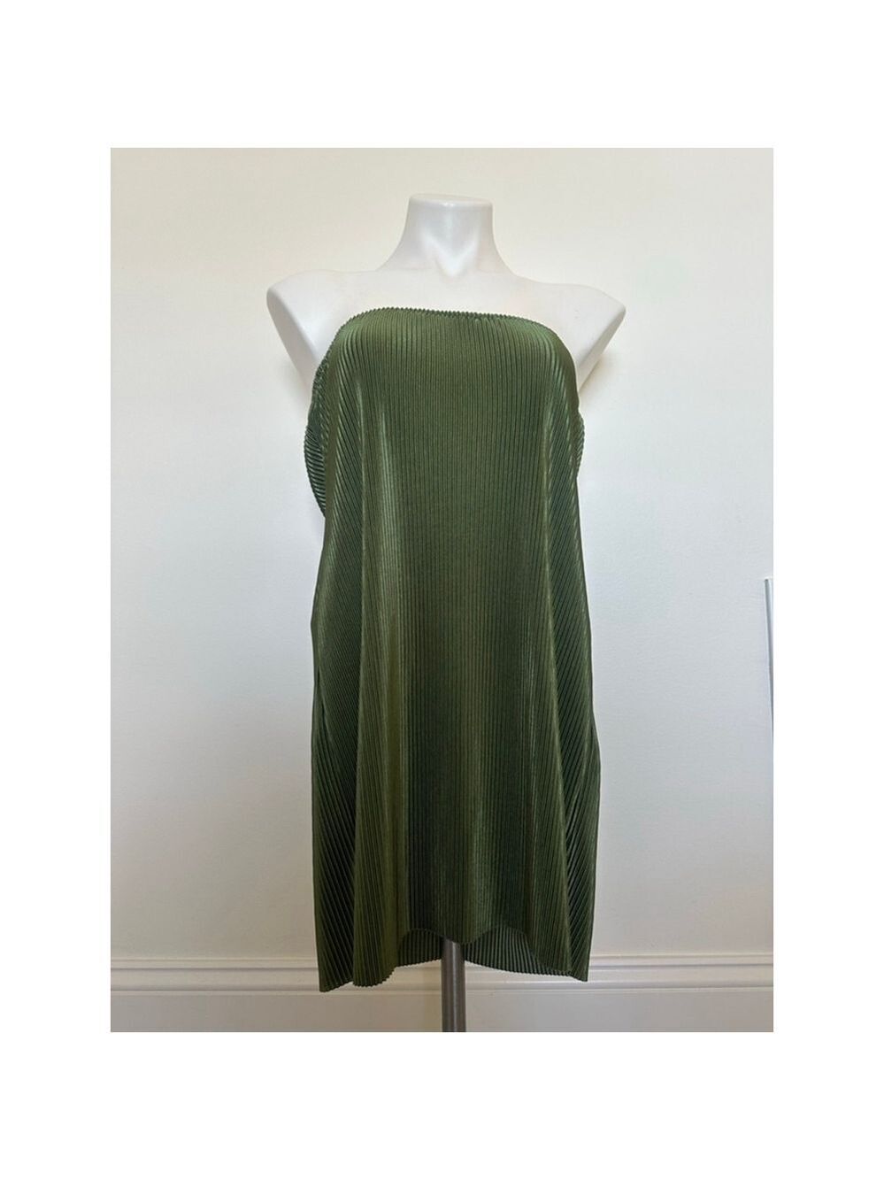 Olive Green Silk Ribbed Strapless Mini Dress Small